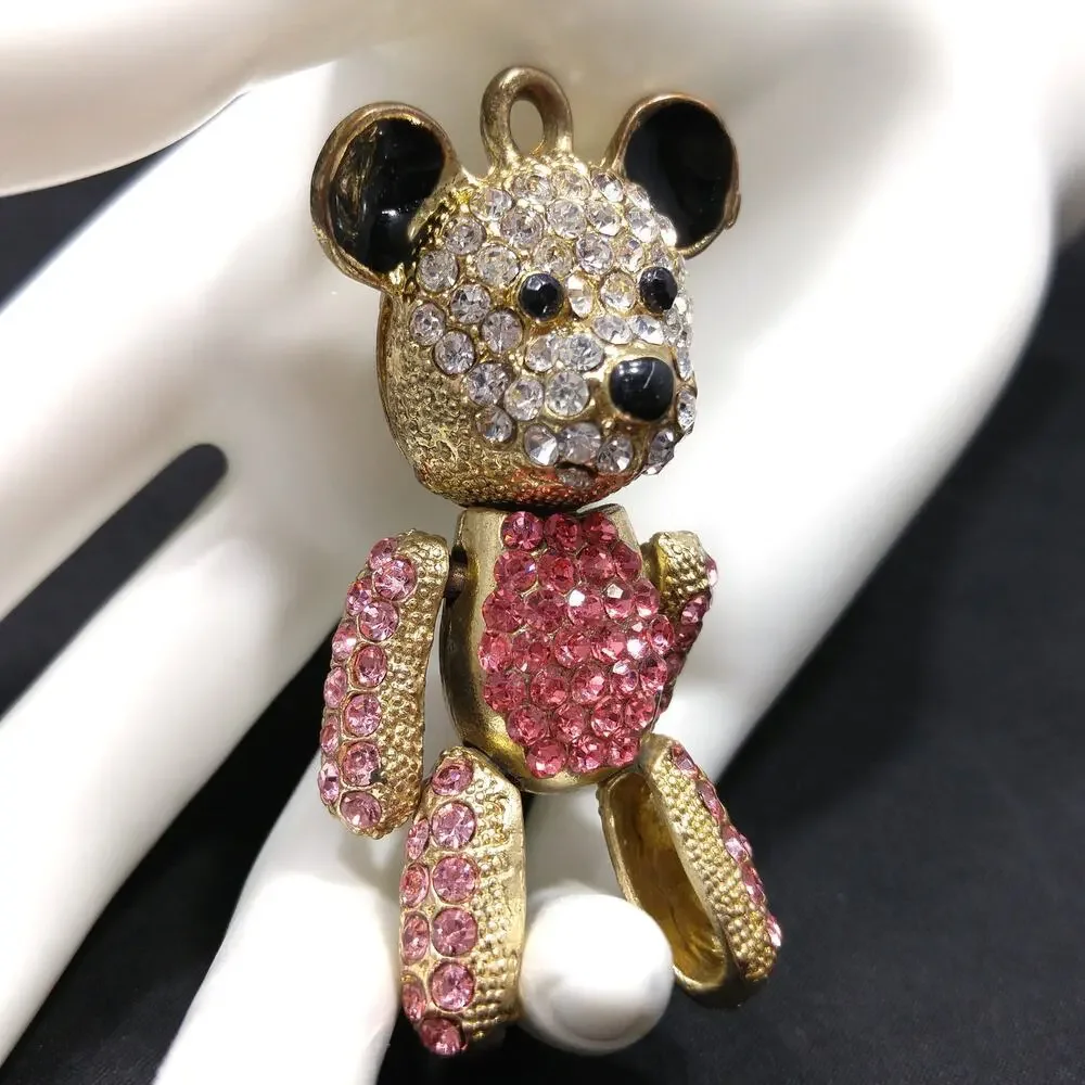 Large Pink Clear Rhinestone Articulated Bear Pendant, Black Enamel Ears, Vintage